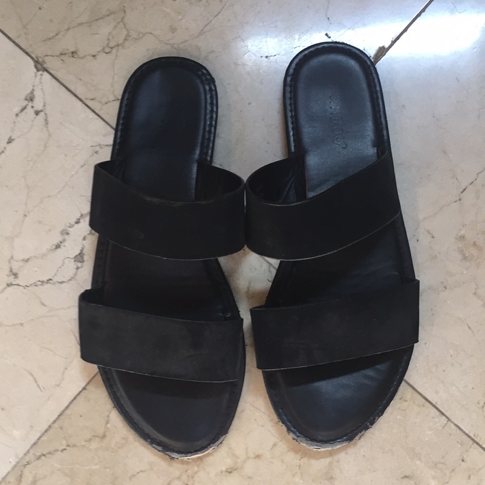 black slides with suede straps
